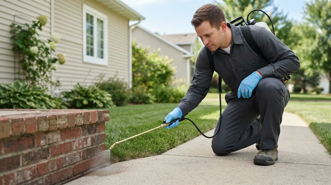 Pest control technician treating a home near Oakes, ND