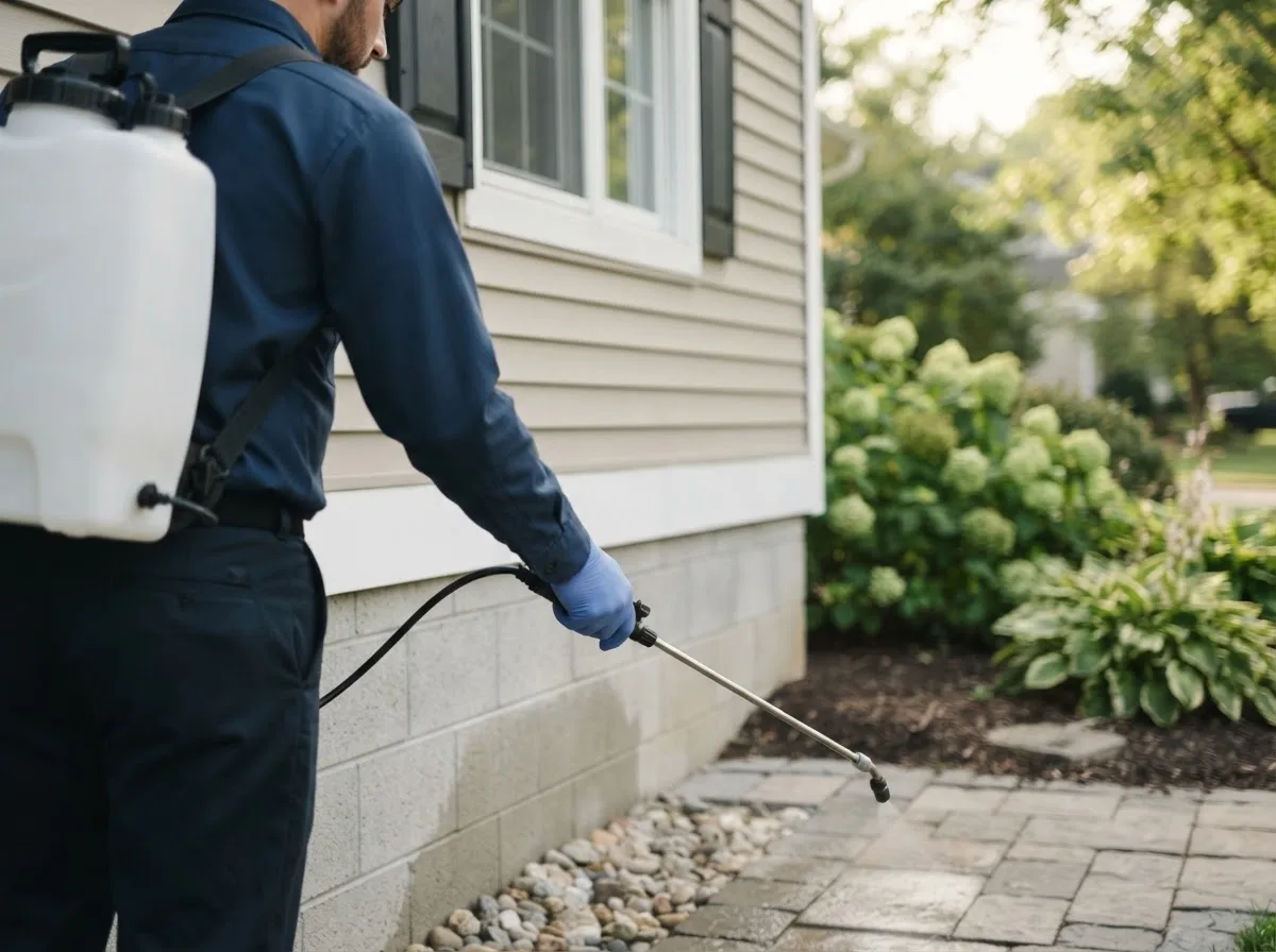 Pest control technician inspecting a home in Oakes, ND